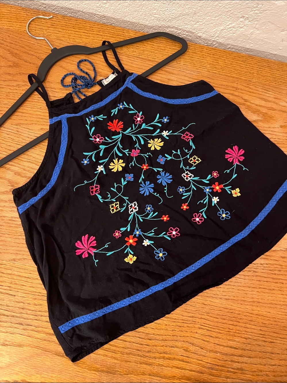 Eyeshadow Black Embroidered Floral Halter Camisole with Blue Trim